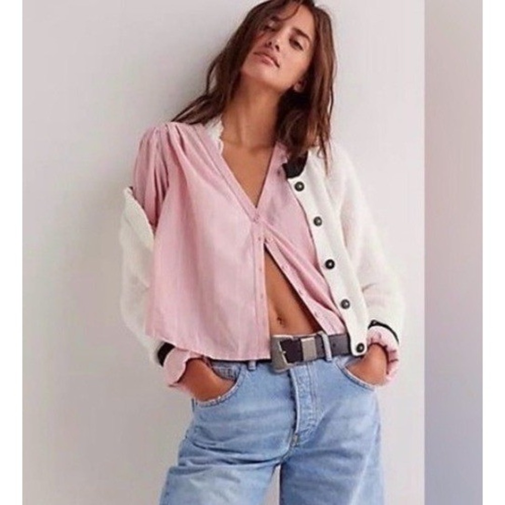 Free People‎ Farmhouse Fresh Baby Pink Slouchy Oversized Cotton Top Small NWT